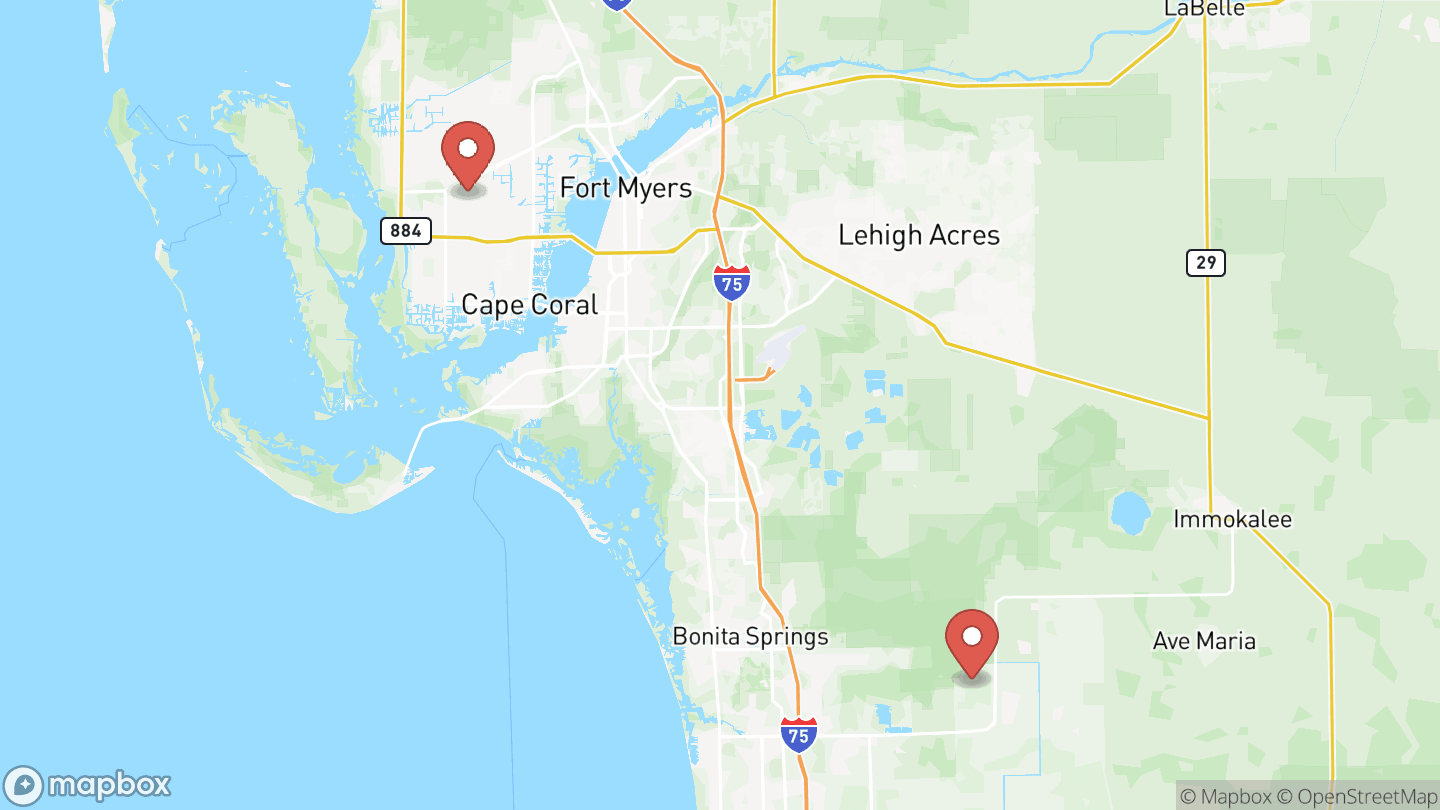 Map with a pin at each place Snails to Whales: Marine Life Explorers meets: Cape Coral and Naples